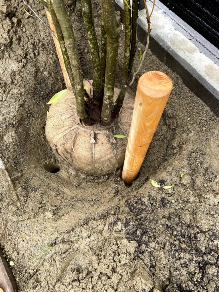 地下支柱の杭丸太の打ち込み